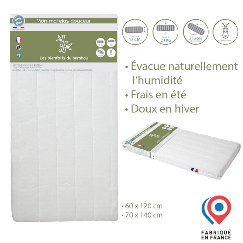Matelas Lit 18kg/m3 - Bloc de Ouate, douceur little band blanc 60x120x12cm 2022 — vue 2 sur 3