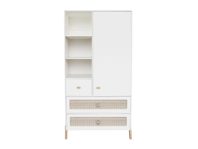 Marelia Rotin Armoire 4 Tiroirs, Etageres, Penderie. Facade Tressage Rotin
