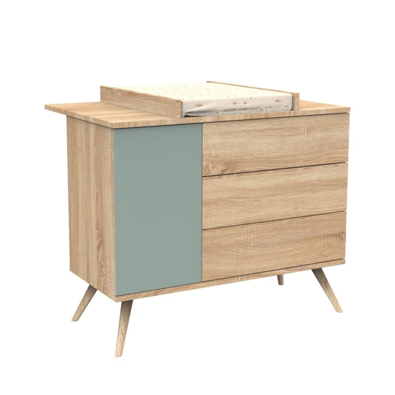 Commode 3 Tiroirs, 1 Porte, Sauge, seventies meuble chêne doré - sauge - hêtre — vue 4 sur 5