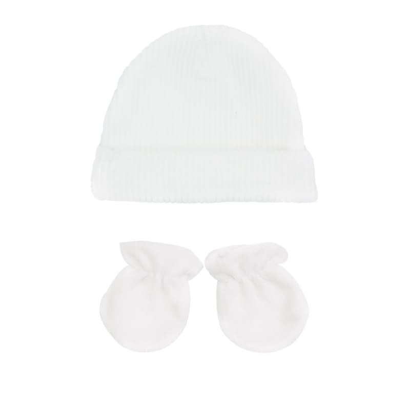 Lot Bonnet + Moufles, trois kilos sept blanc naissance e-23