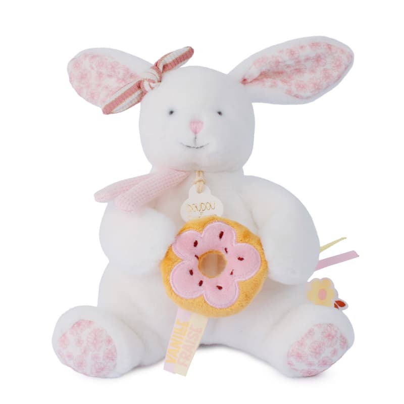 Lapin Vanille Fraise Pantin avec Donut, blanc 20cm doudou et compagnie