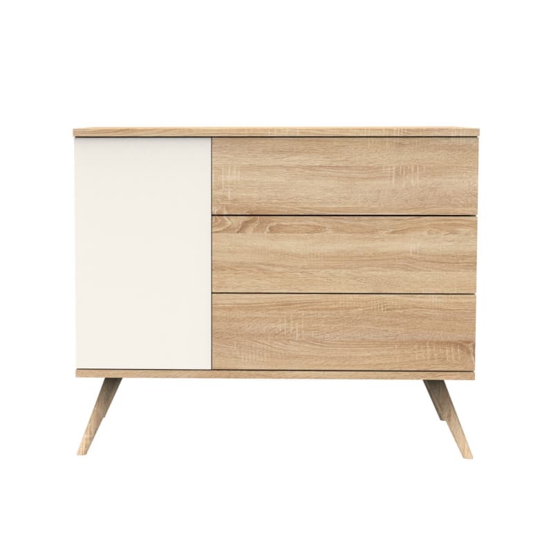 Commode 3 Tiroirs, 1 Porte, Creme, seventies meuble chêne doré - vanille - hêtr — vue 1 sur 5