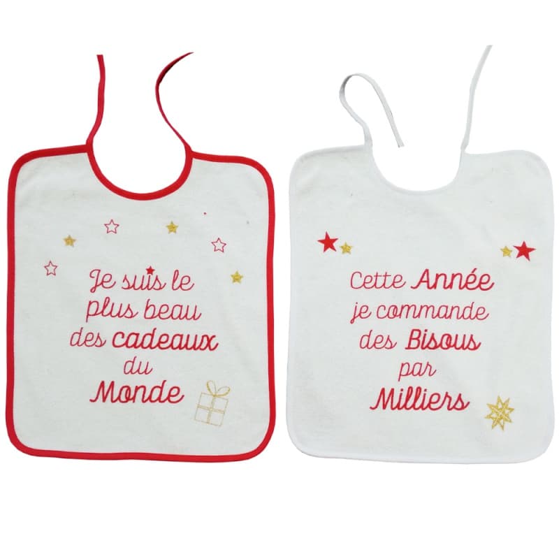 Lot de 2 Bavoirs 1er Age, 28x32cm -message Noel E