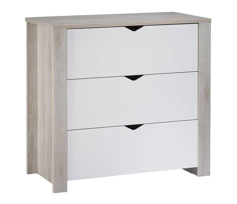 Commode 3 Tiroirs avec Prise de Main Tipee, l 98 x h 94 x p 51 blanc/decor hetre cendre sautho — vue 1 sur 3