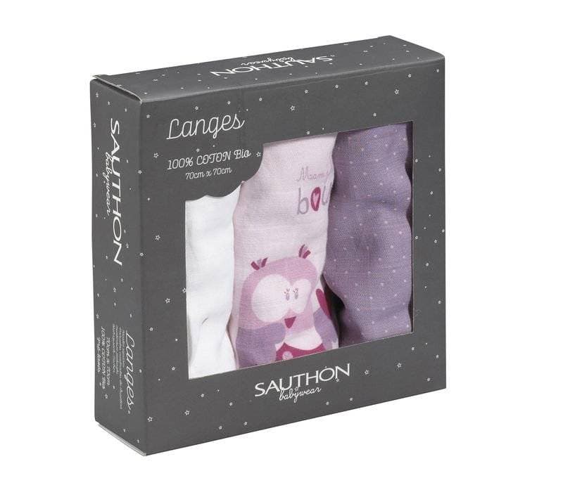 Lot de 3 Langes Bio Mam'zellebou, 70x70 cm blanc/parme sauthon babywear per mam'zell — vue 3 sur 3