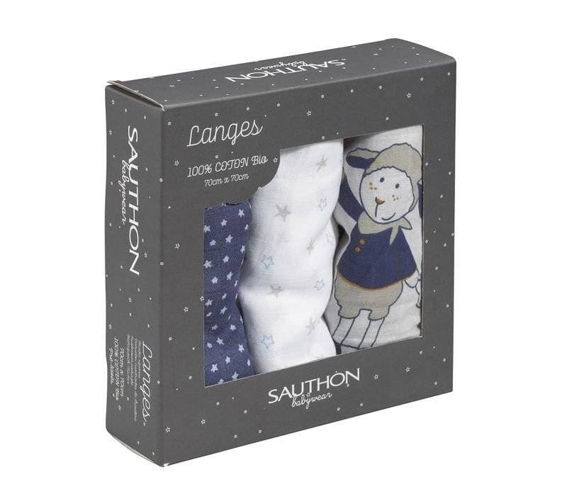 Lot de 3 Langes Bio Merlin, 70x70 cm blanc/bleu sauthon babywear per merlin — vue 1 sur 3