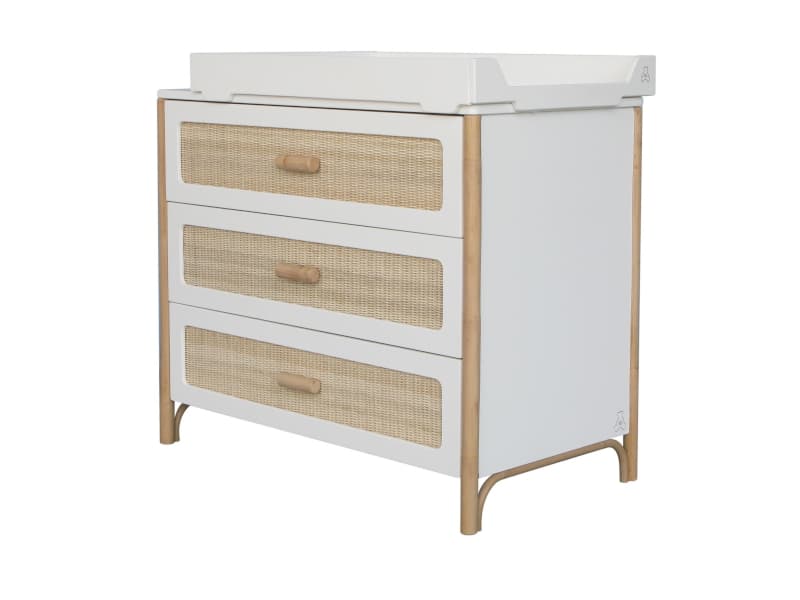 Oceania Commode a Langer 3 Tiroirs Pieds en Canne de Rotin Facades de Tiroir, théo neige — vue 2 sur 3