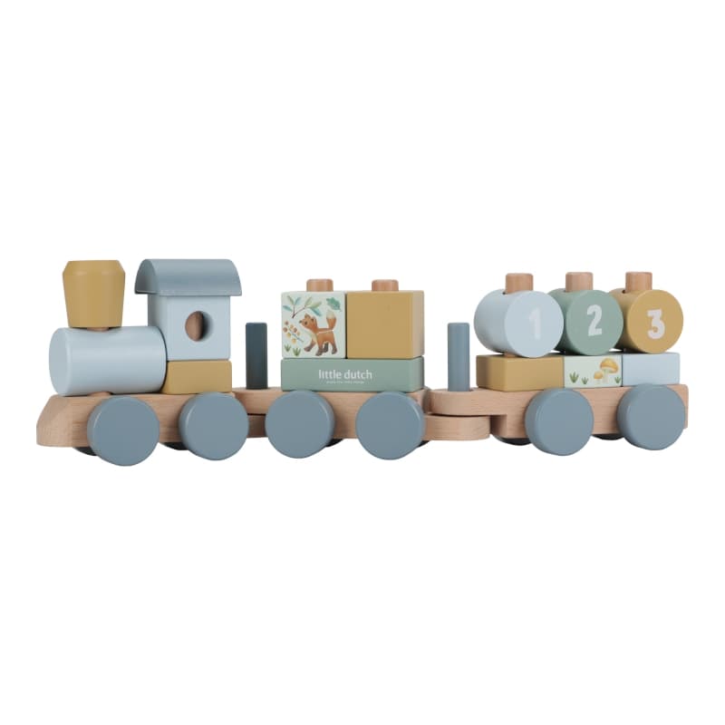 Train a Blocs Bois Fsc, bleu jaune bois multicolore forest friends little dutch — vue 3 sur 3