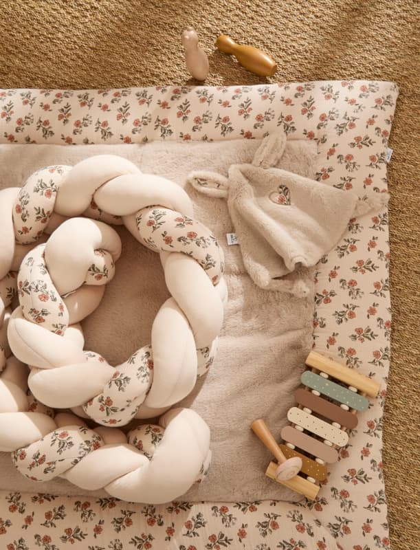 Doudou Lapin Petit Coeur, fleurs beige secret cottage bb&co — vue 3 sur 3