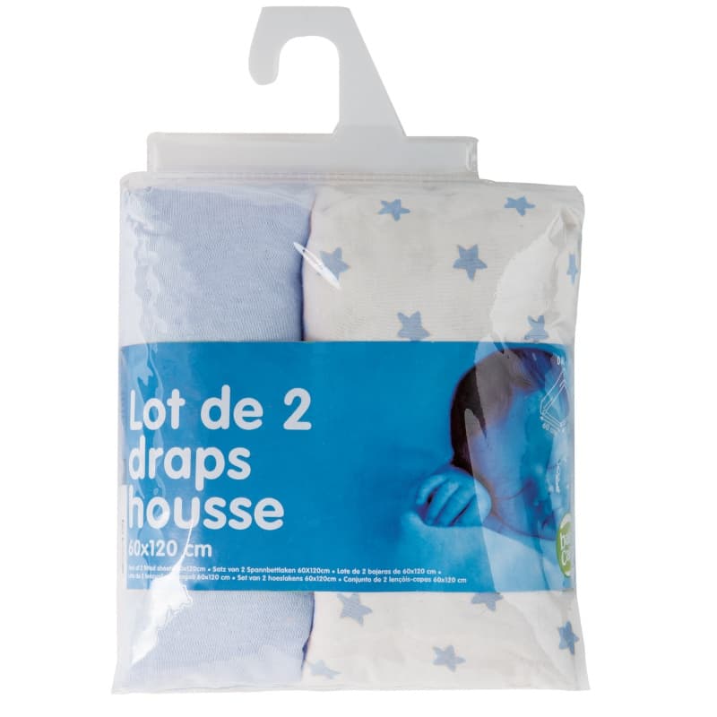 Lot de 2 Draps Housse Imprime Etoile Bleue + Uni B, babycalin — vue 1 sur 2