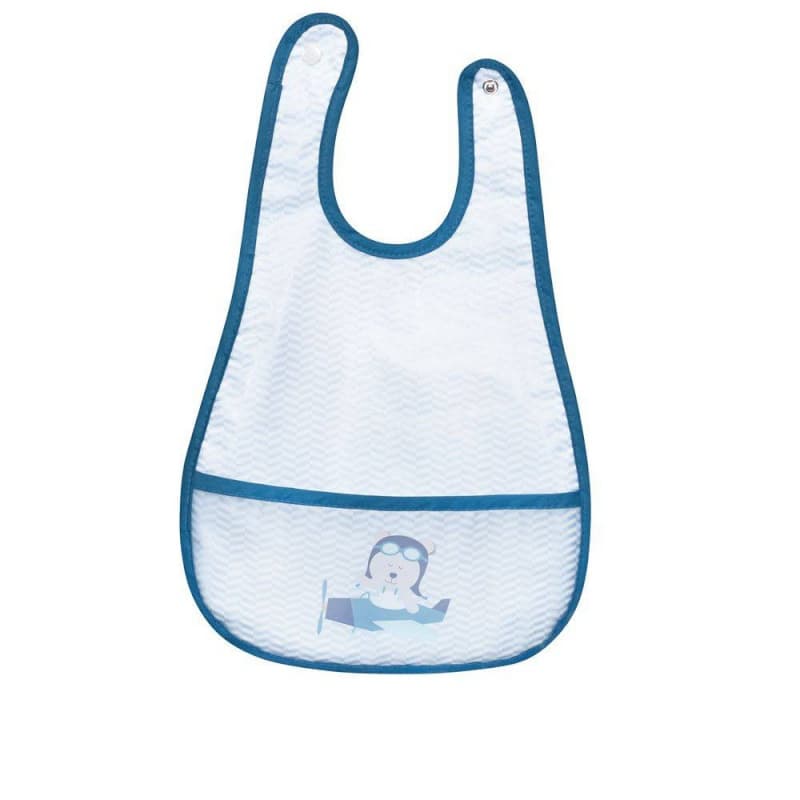 Bavoir Plastifie Aviateur Lazare, lazare sauthon baby deco blanc - bleu ciel - turqu — vue 1 sur 2