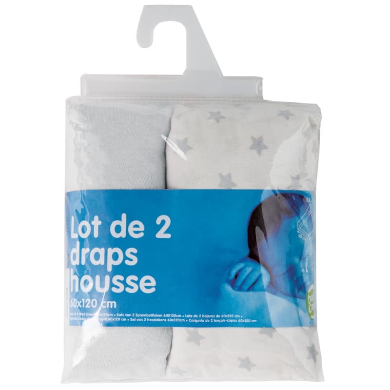 Lot de 2 Draps Housse Imprime Etoile Grise + Uni G, babycalin — vue 1 sur 2