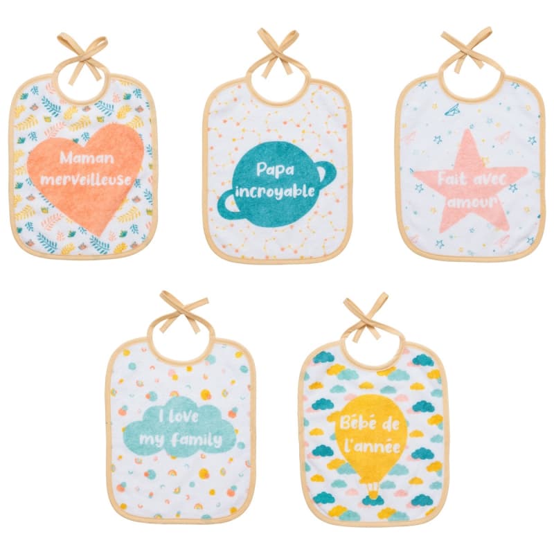 Lot de 5 Bavoirs Naissance, message famille babycalin multicolore 20x25cm 2022 — vue 1 sur 2