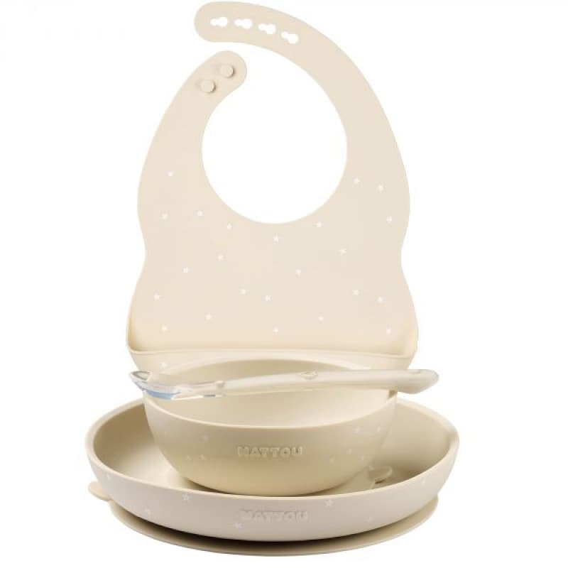 Coffret Repas Silicone 4 Pieces avec Bavoir, argile etoile nattou