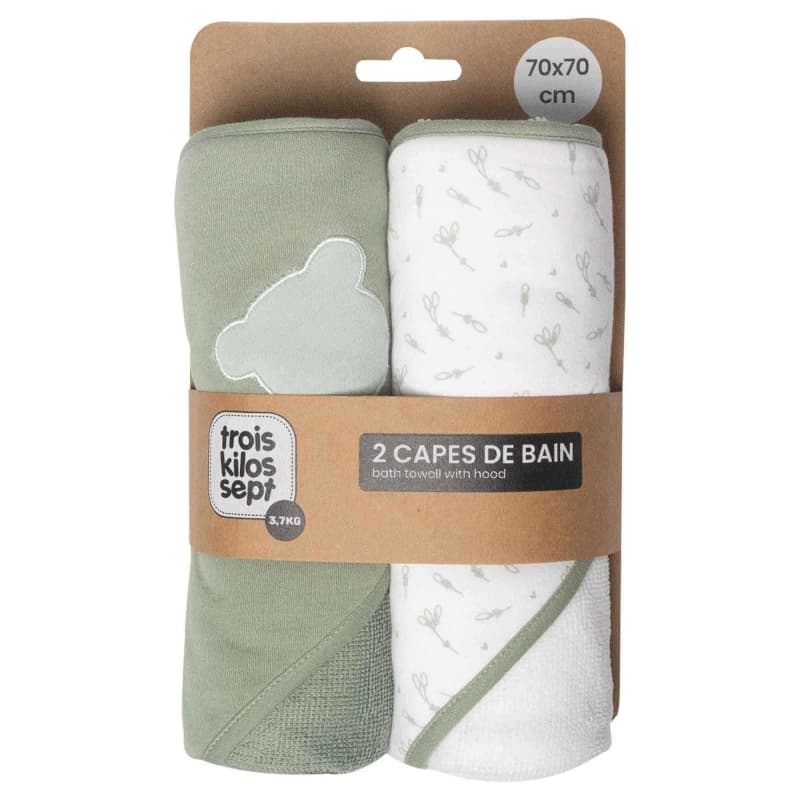 Lot 2 Capes de Bain Ours + Motifs, vert sauge 70x70cm trois kilos sept 25/06 — vue 1 sur 5