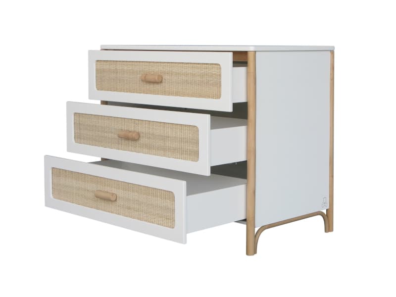 Oceania Commode a Langer 3 Tiroirs Pieds en Canne de Rotin Facades de Tiroir, théo neige — vue 3 sur 3