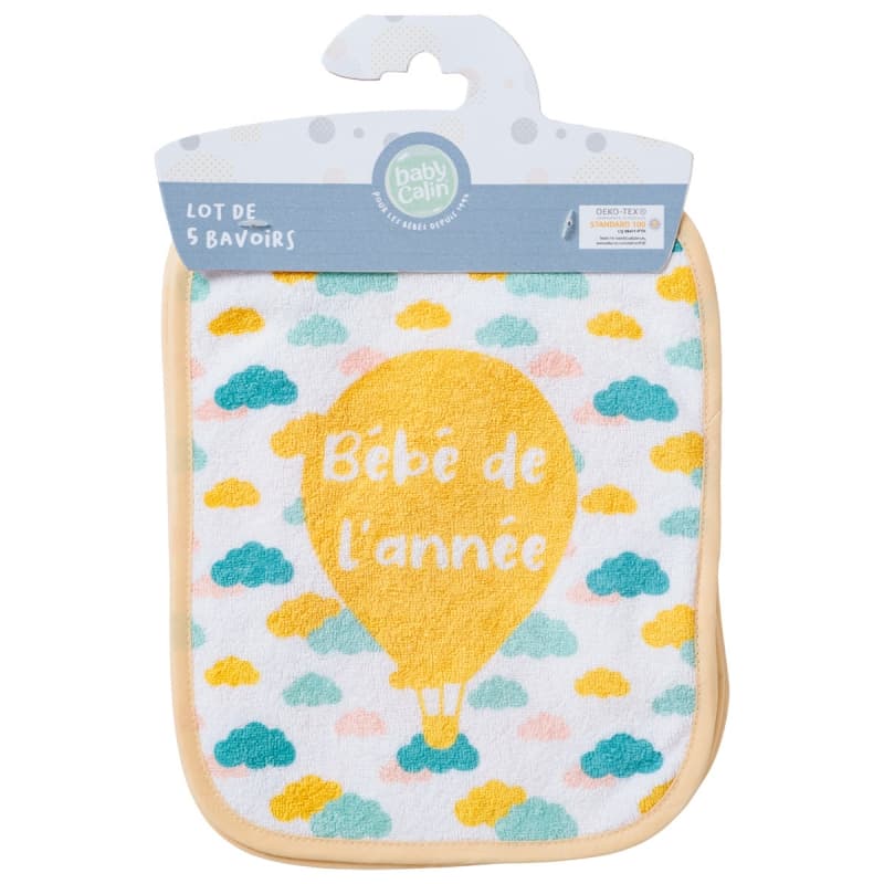 Lot de 5 Bavoirs Naissance, message famille babycalin multicolore 20x25cm 2022 — vue 2 sur 2