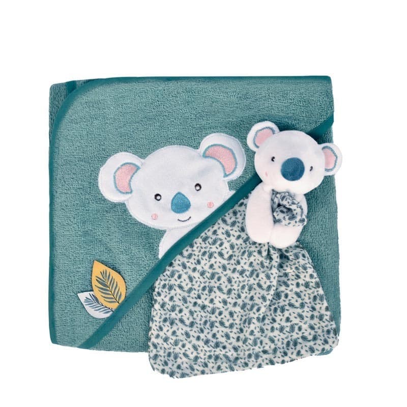 Cape de Bain et Doudou Yoca le Koala, vert 80x80cm doudou sensoriel doudou et compagnie a-24 h-24 — vue 2 sur 2