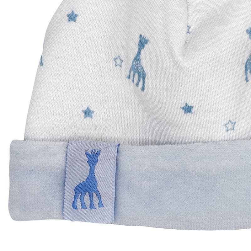 Bonnet Naissance Garcon - 1/3 M, sophie la girafe trois kilos sept bleu 1/3 m