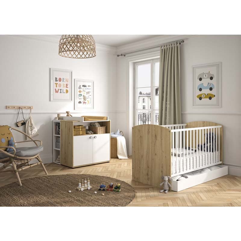 Ensemble Duo Lit 70x140 + Commode 2 Portes Arthur, arthur essentiel galipette blanc et chêne artisan