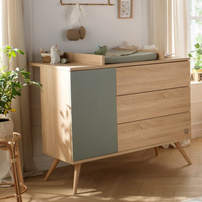 Commode 3 Tiroirs, 1 Porte, Sauge, seventies meuble chêne doré - sauge - hêtre — vue 5 sur 5