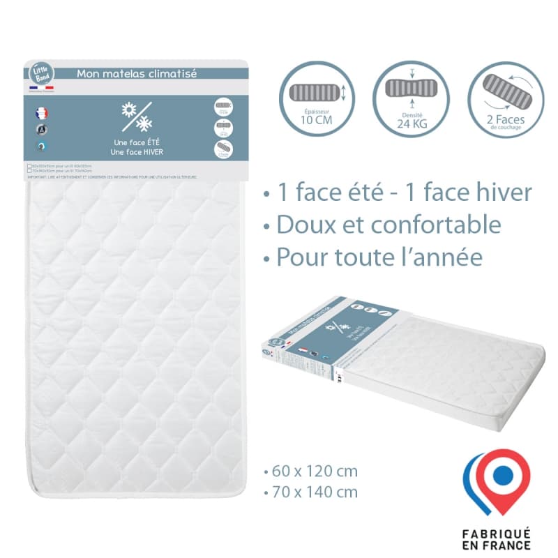 Matelas Lit 24kg/m3 - Bloc de Ouate, climatisé little band gris 60x120x10cm 2022 — vue 1 sur 3