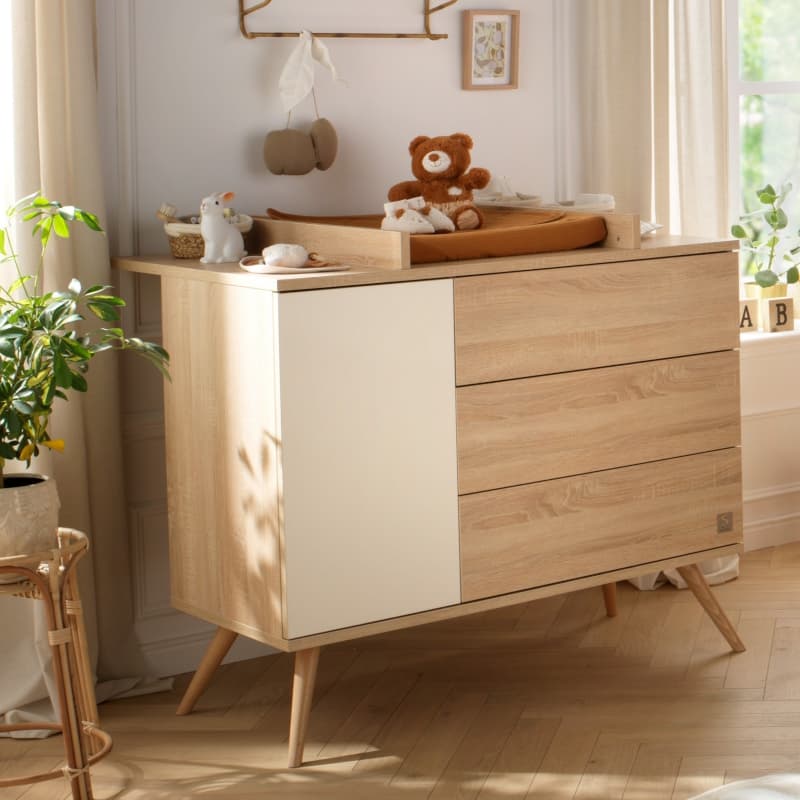 Commode 3 Tiroirs, 1 Porte, Creme, seventies meuble chêne doré - vanille - hêtr — vue 5 sur 5