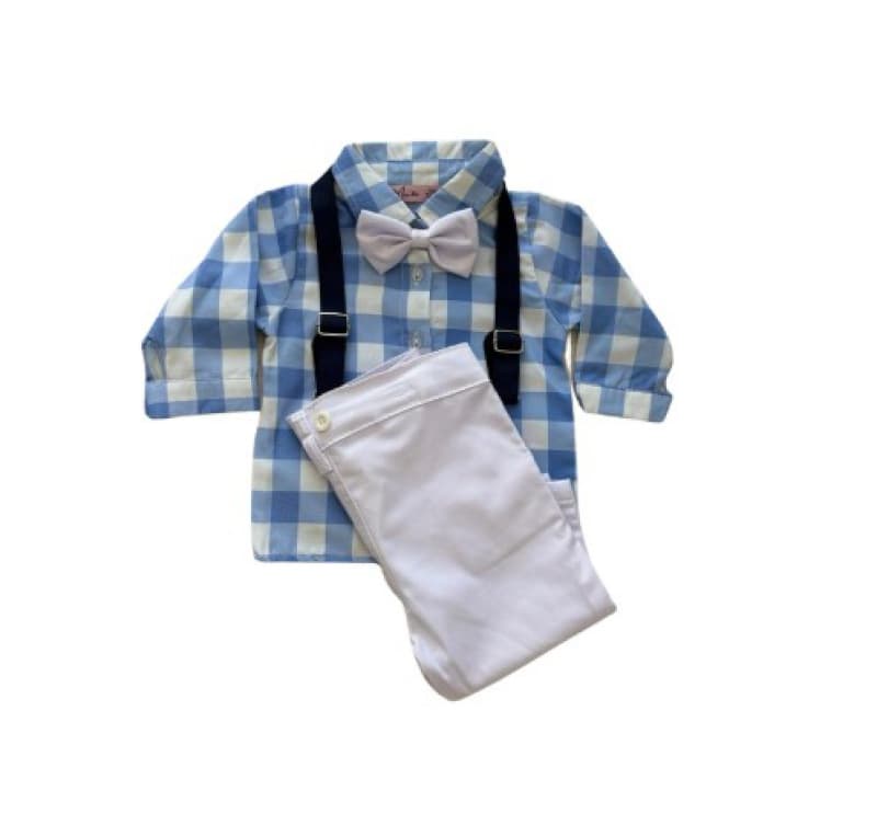 Ens 4 Pieces Pantalon Chemise Noeud+bretelles 18m, bleu