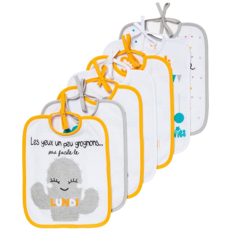 Lot de 7 Bavoirs Naissance, imprimé journalier babycalin 20x25