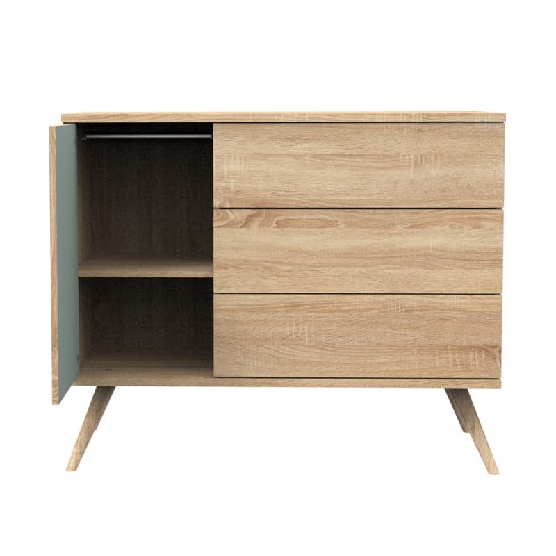 Commode 3 Tiroirs, 1 Porte, Sauge, seventies meuble chêne doré - sauge - hêtre — vue 3 sur 5