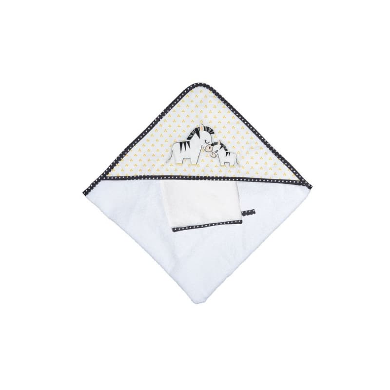 Cape de Bain Plus Gant, pluche et pompon sauthon babydeco blanc - jaune - noir per — vue 1 sur 3