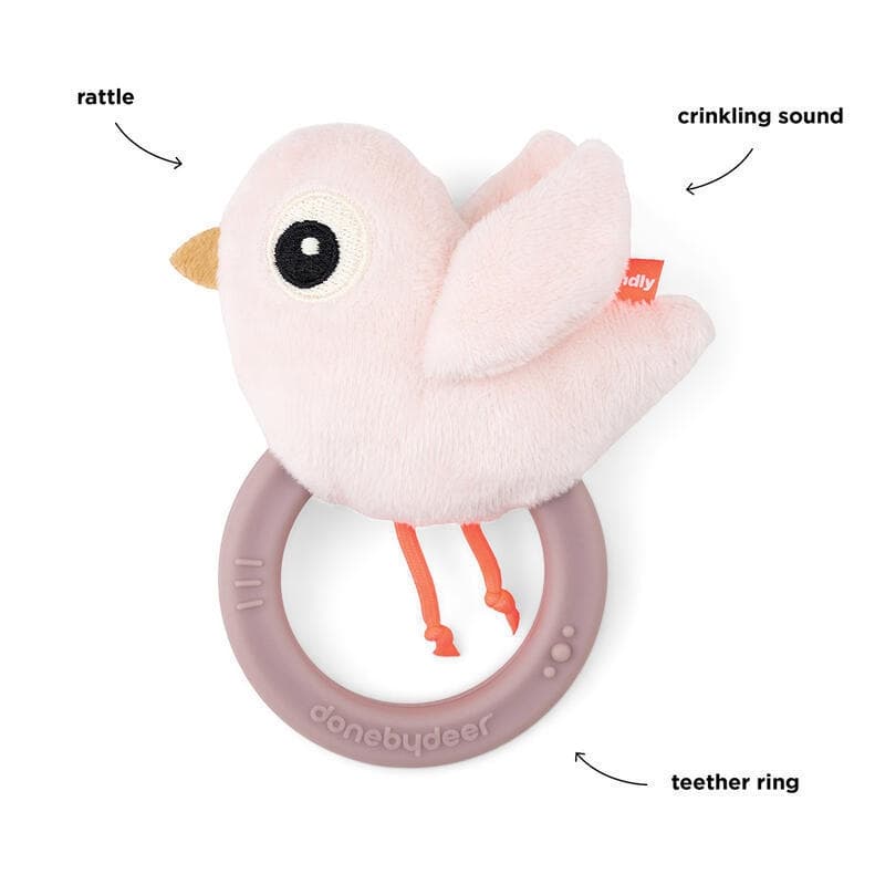 Hochet+anneau Dentition Birdee, rose done by deer news feb 2023 — vue 3 sur 4
