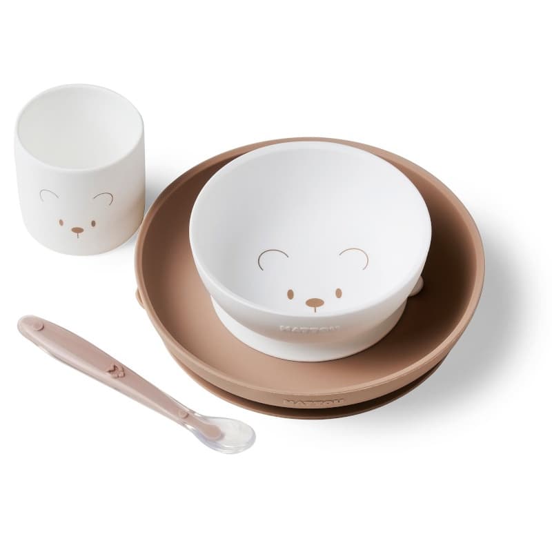 Coffret Repas Silicone 4 Pieces avec Tasse, blanc beige nattou