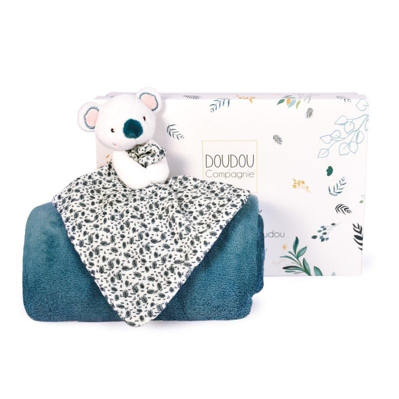 Plaid et Doudou Yoca le Koala, bleu 10x70cm doudou sensoriel doudou et compagnie a-24 h-24 — vue 1 sur 3