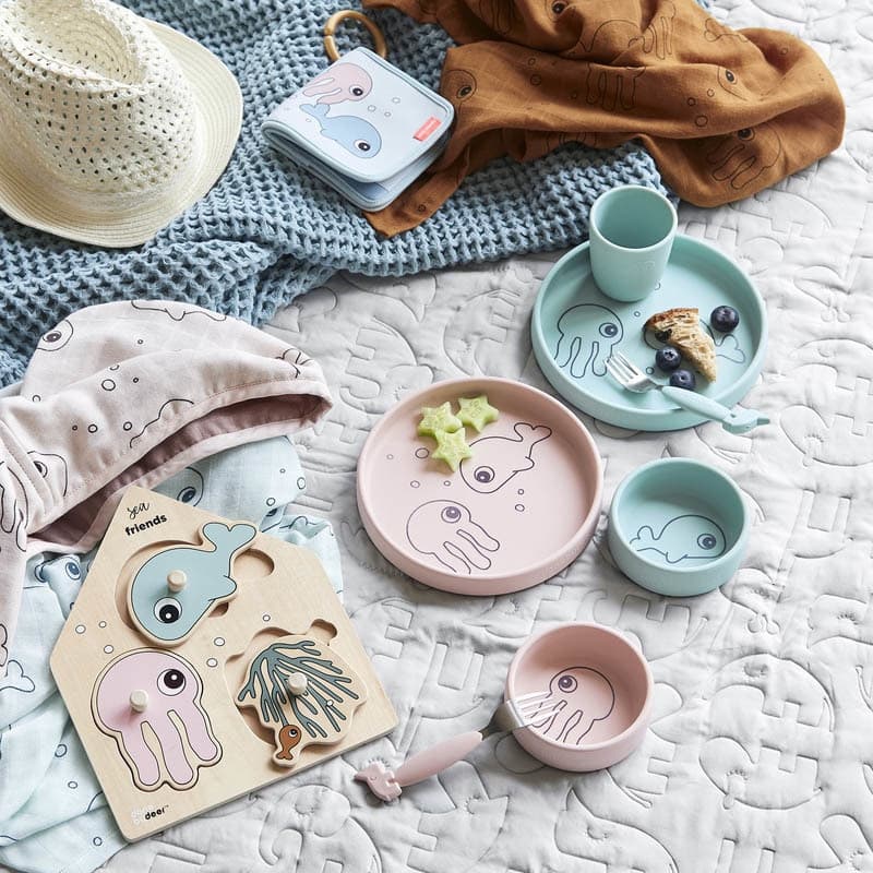 Coffret Repas Silicone Sea Friends Bleu, seafriends gris — vue 1 sur 2