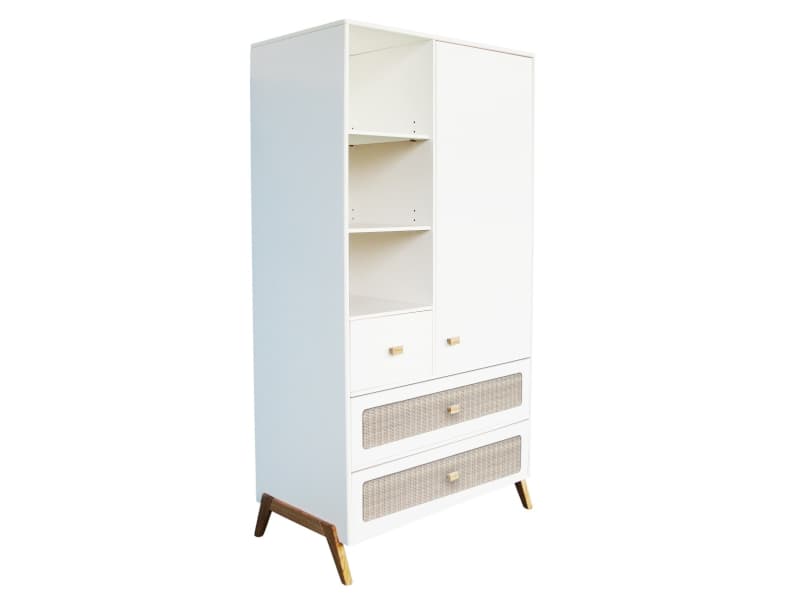 Marelia Rotin Armoire 4 Tiroirs, Etageres, Penderie. Facade Tressage Rotin, théo neige — vue 3 sur 3