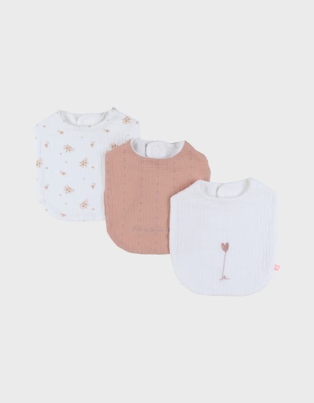 Vf Set 3 Bavoirs, Mousseline Bio - Fleurs d'Antan, blanc rose vintage flowers noukie's — vue 1 sur 4