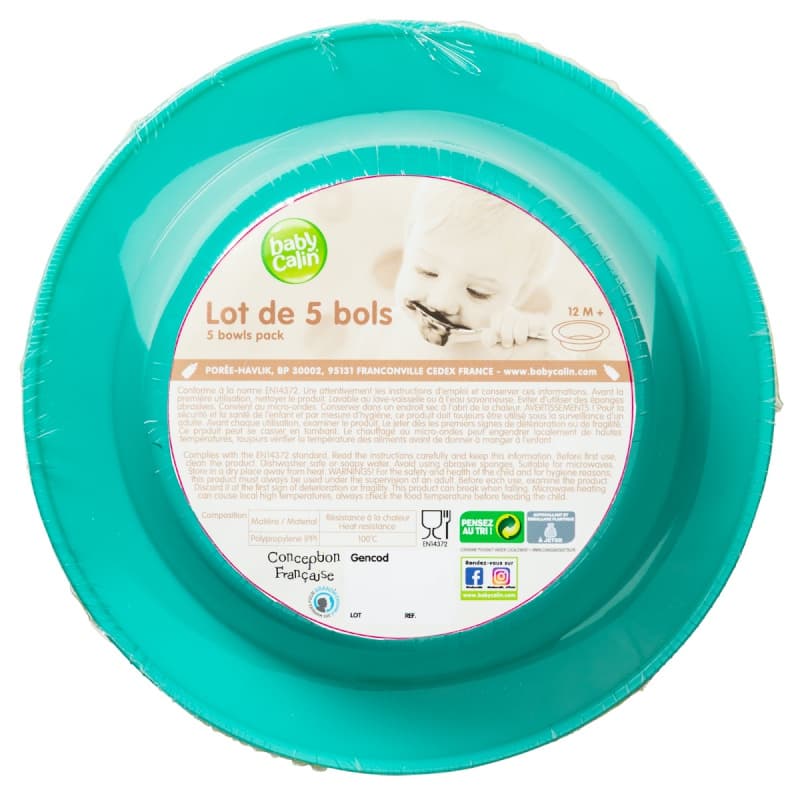 Lot de 5 Bols, 5 coloris babycalin rouge/jaune/vert/anis/bleu — vue 1 sur 2