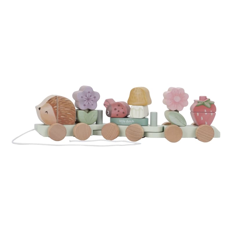Train a Blocs Herisson Fsc, rose jaune vert bois violet multicolore fairy garden little dutch — vue 3 sur 3