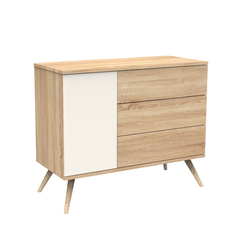 Commode 3 Tiroirs, 1 Porte, Creme, seventies meuble chêne doré - vanille - hêtr — vue 2 sur 5