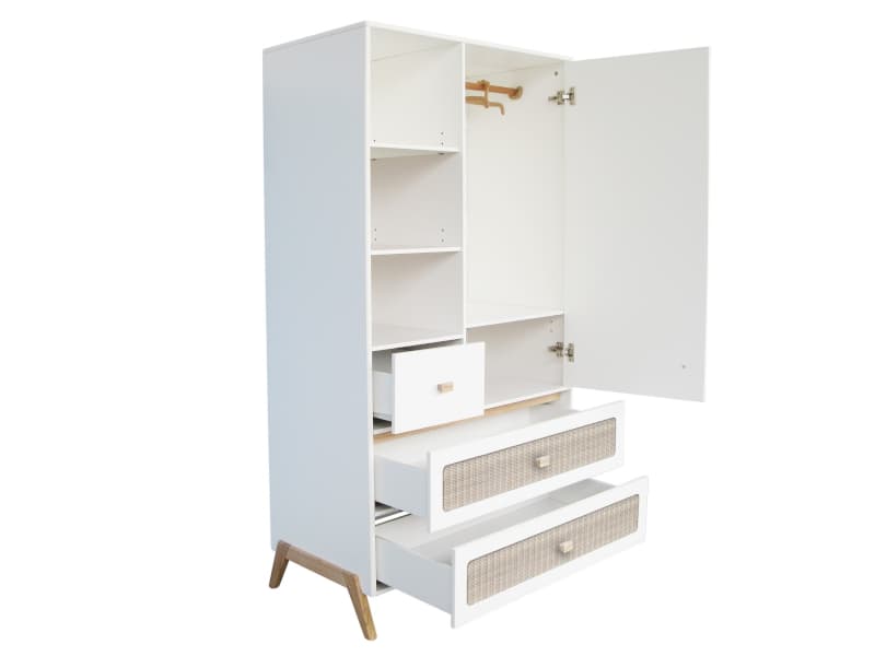Marelia Rotin Armoire 4 Tiroirs, Etageres, Penderie. Facade Tressage Rotin, théo neige — vue 2 sur 3