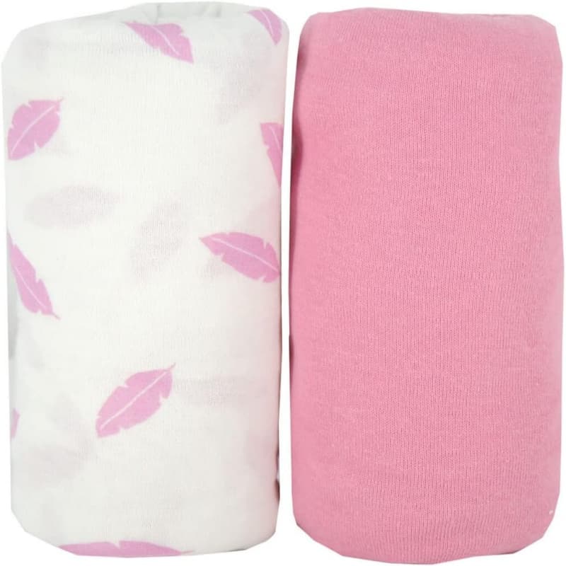 Lot de 2 Draps Housse Rose / Plumes Roses, 60x120x15cm
